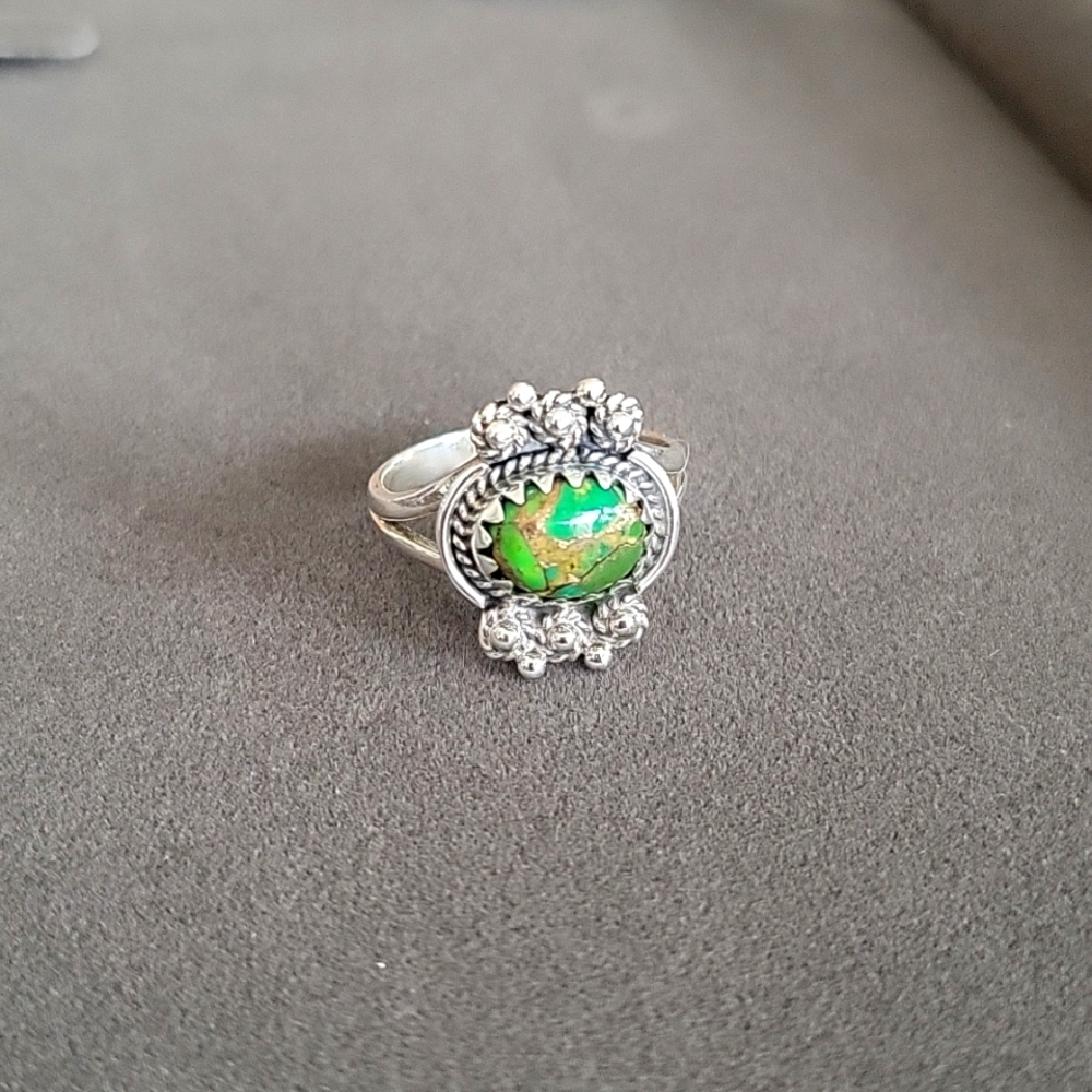 Green Turquoise and Copper Sterling Ring